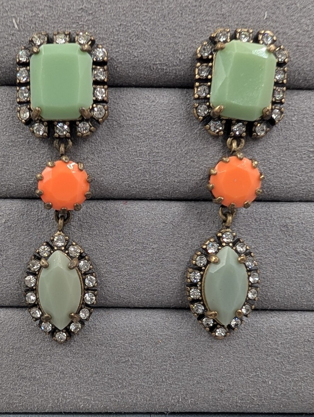 J.Crew Mint Green Orange Crystal Statement Drop Earrings | M265